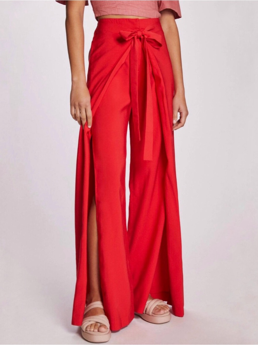 MARGO BARIDON Red Habanero Wrap Pants Wide Leg Pant Flowy Slit Medium Anthro